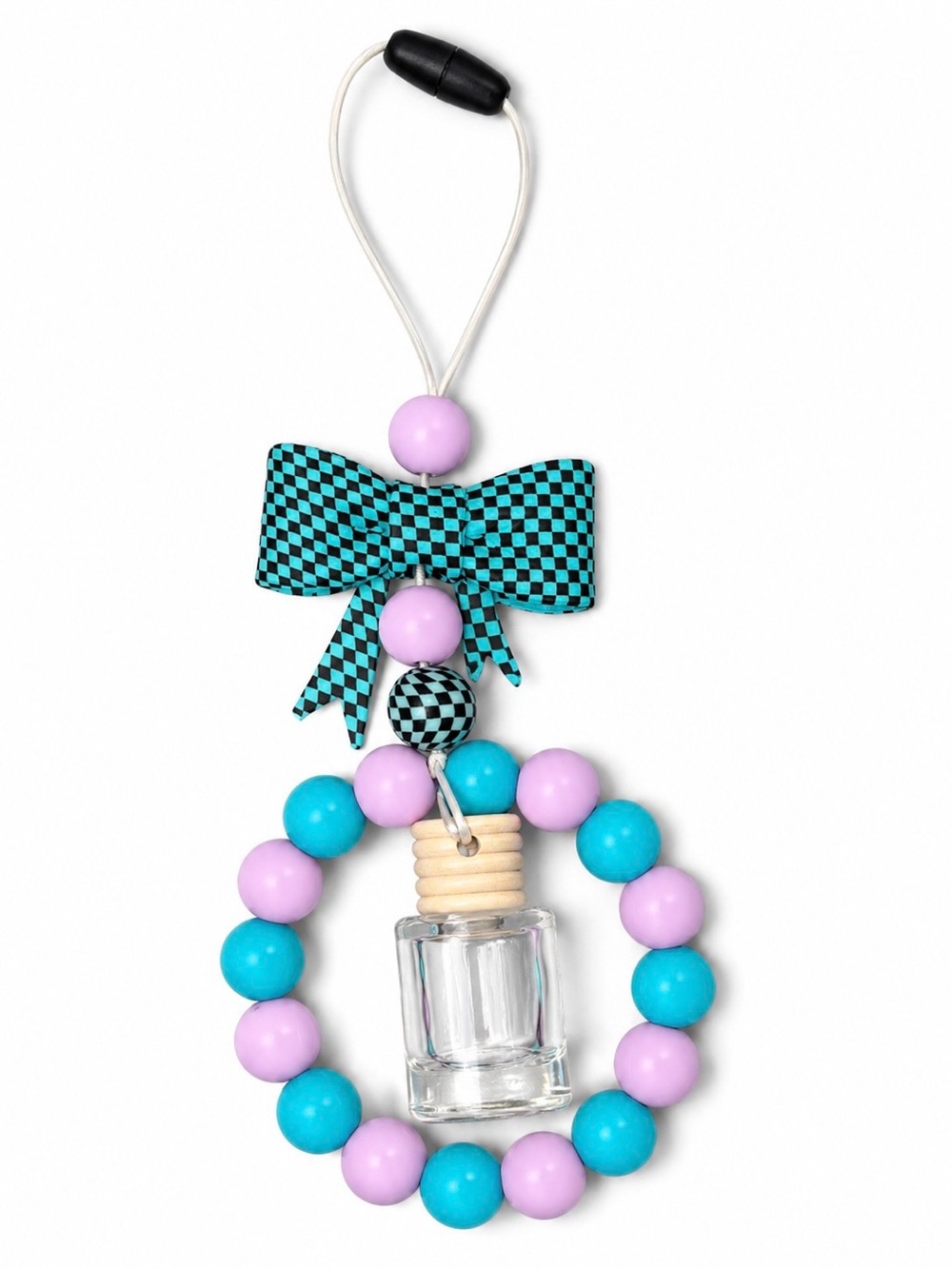 Handmade Beaded Car Freshie Diffuser – Teal & Lavender Checker Bow